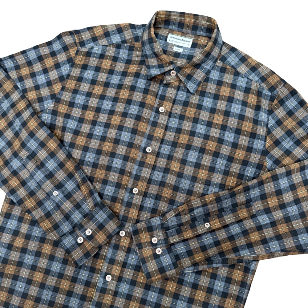 American Apparel Flannel Shirt Mens Large Brown Blue Plaid Made in USA Cotton L